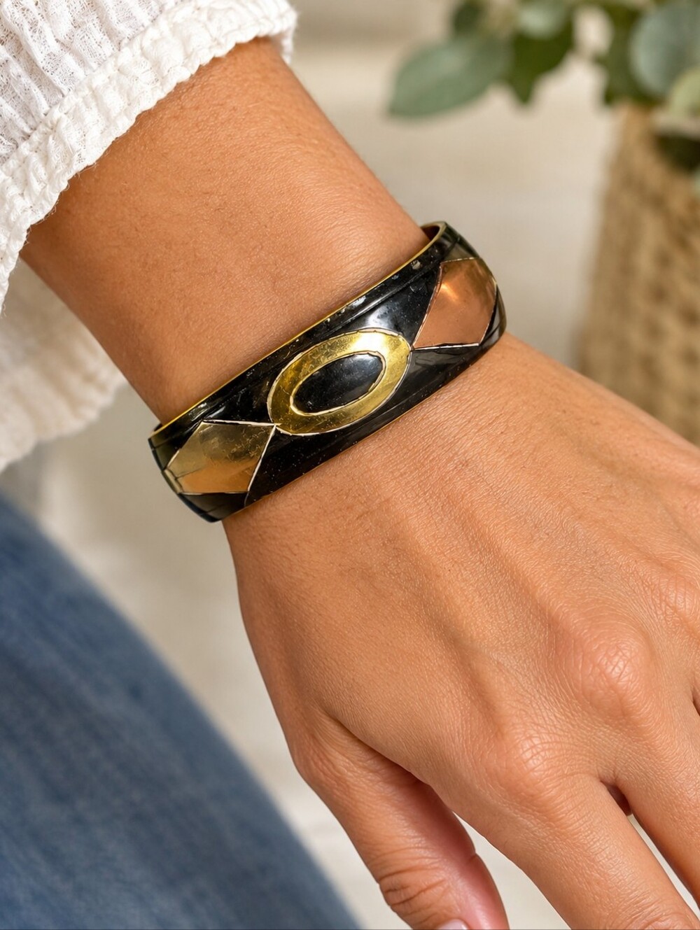 Vintage Bangle Bracelet Wide Tri-color Mixed Metal Indie Boho Fashion Jewelry